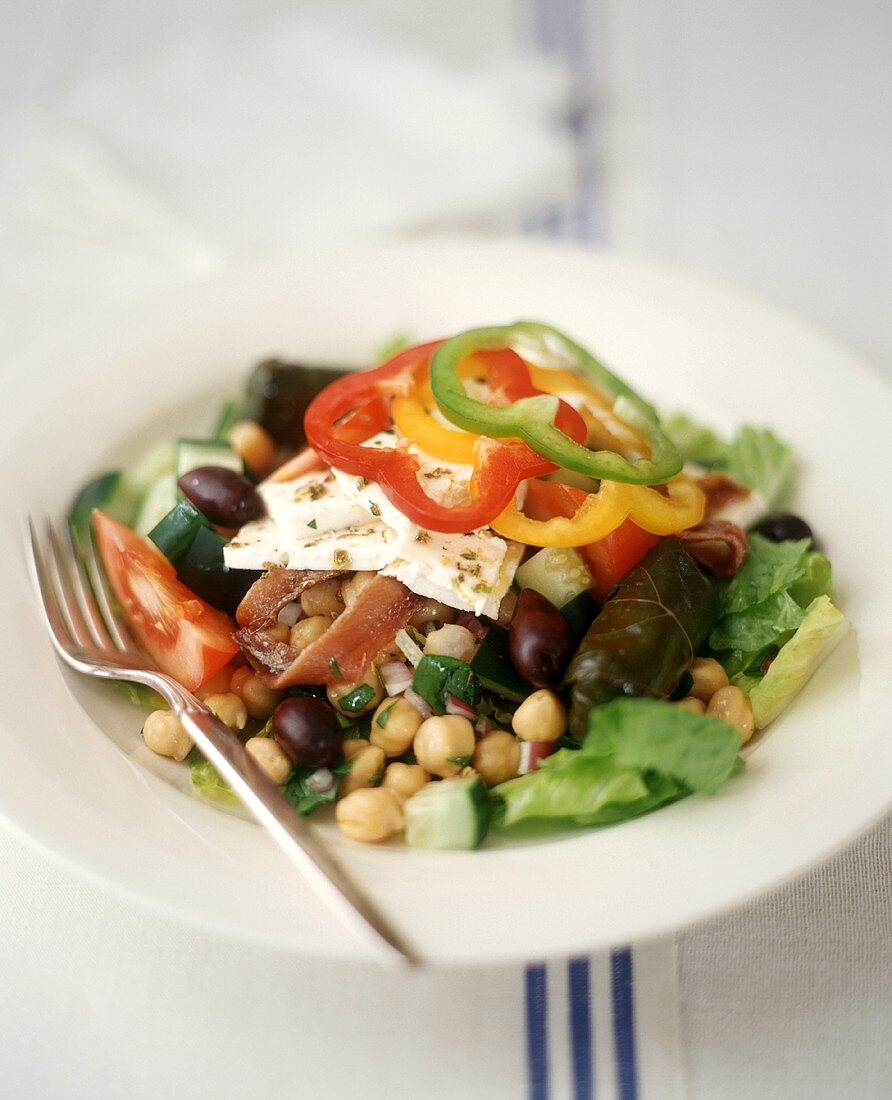 Greek Salad with Chickpeas, Olives, Goat Cheese and Dolmades