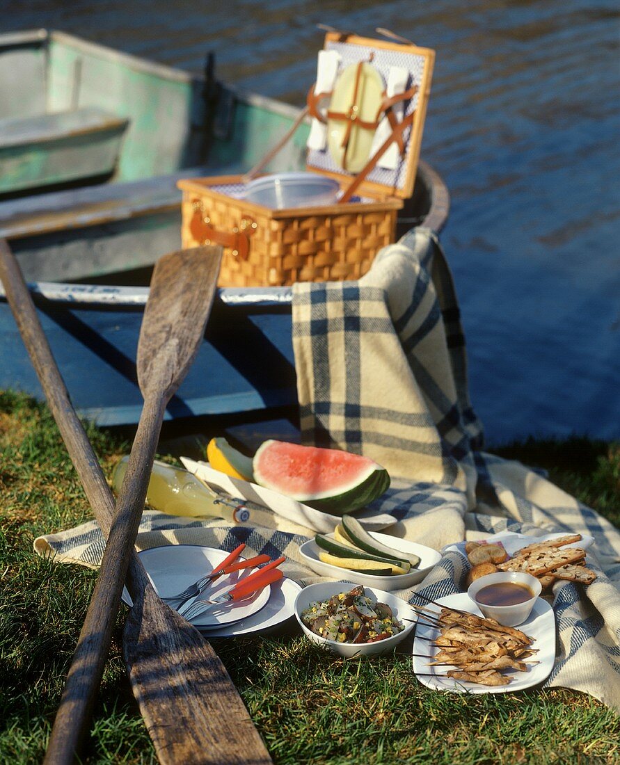 A Picnic with Skewered Chicken, Fruits and Vegetables on the Grass Next to the Water