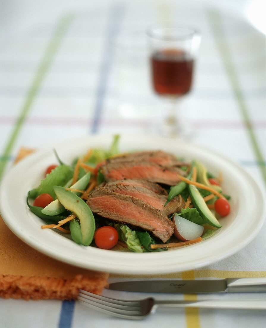 Sliced Beef on a Salad of Greens, Potatoes, Avocadoes and Green Beans
