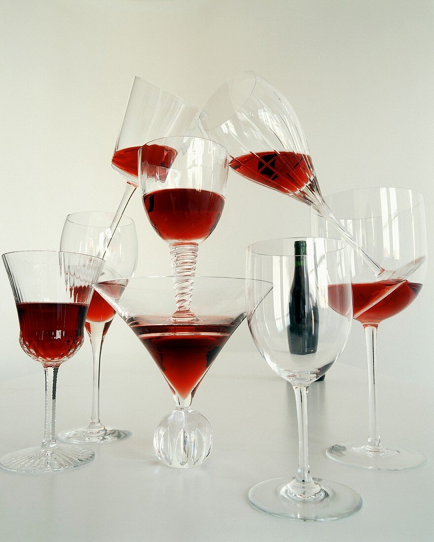 A Pyramid of Red Wine Filled Wine Glasses