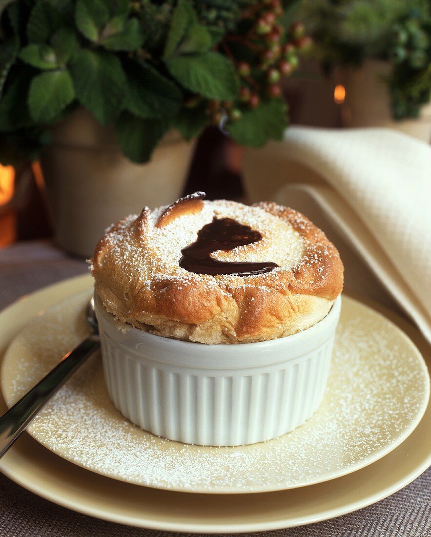 Vanilla Souffle with a Puddle of Chocolate in the Center