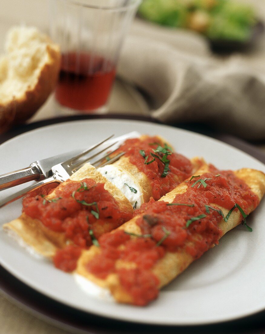 Ricotta Filled Crepes with Tomato Sauce