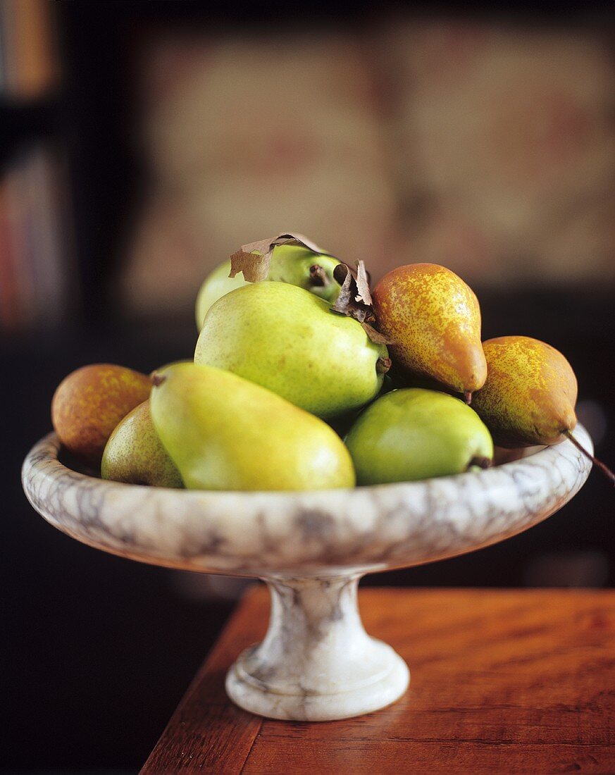 Bosc and Comice Pears in a Pedestal Bowl