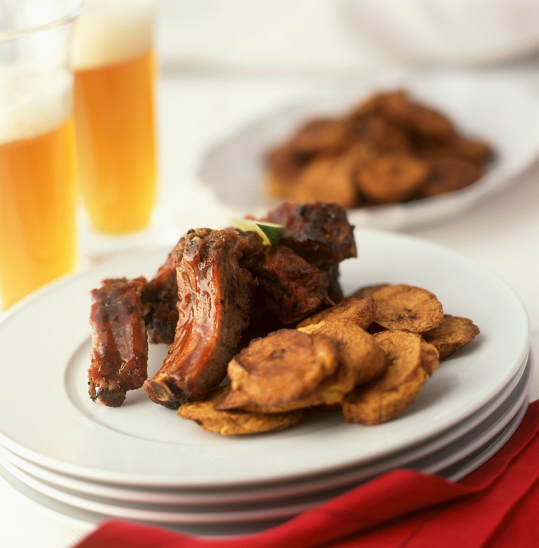 Glazed Barbecued Ribs with Plantain Chips and Beer