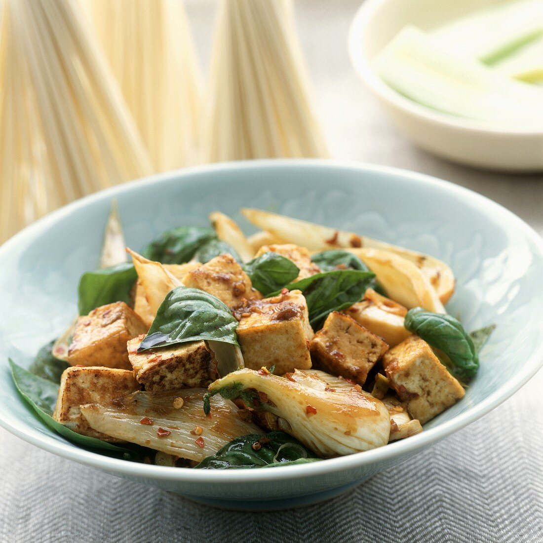 Stir Fried Tofu with Basil Leaves and Bok Choy