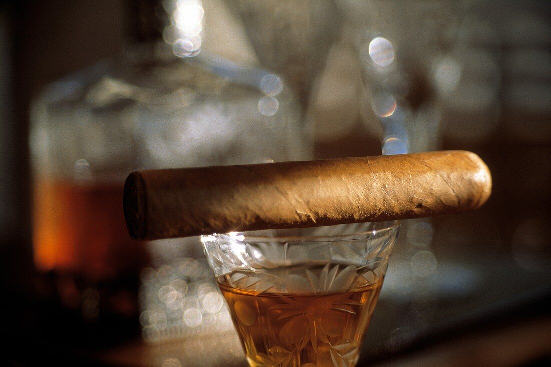Eine Zigarre auf einem Glas Brandy
