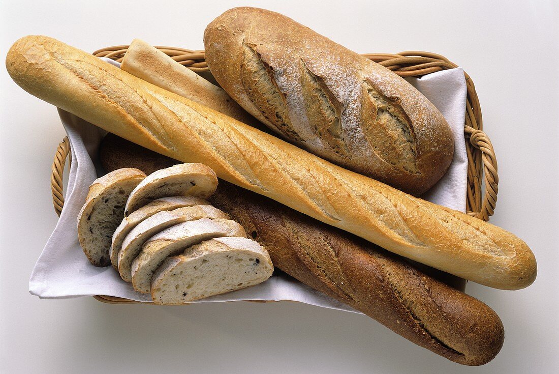 Assorted Bread Loaves and Slices in a Basket