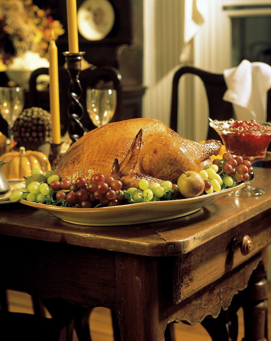 Holiday Turkey with Fruit on a Table