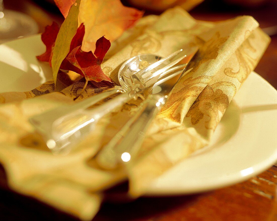 Flatware on a Cloth Napkin with Leaves
