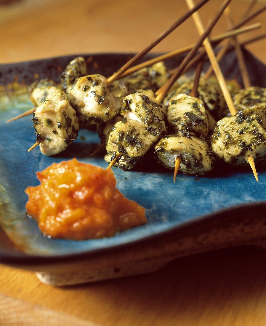 Herbed Chicken Kebabs with Red Pepper Sauce