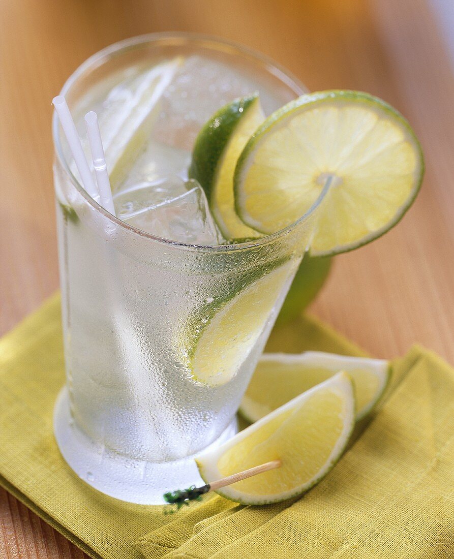 Ein Glas Gin Tonic mit Limetten, Eiswürfeln & Strohhalmen