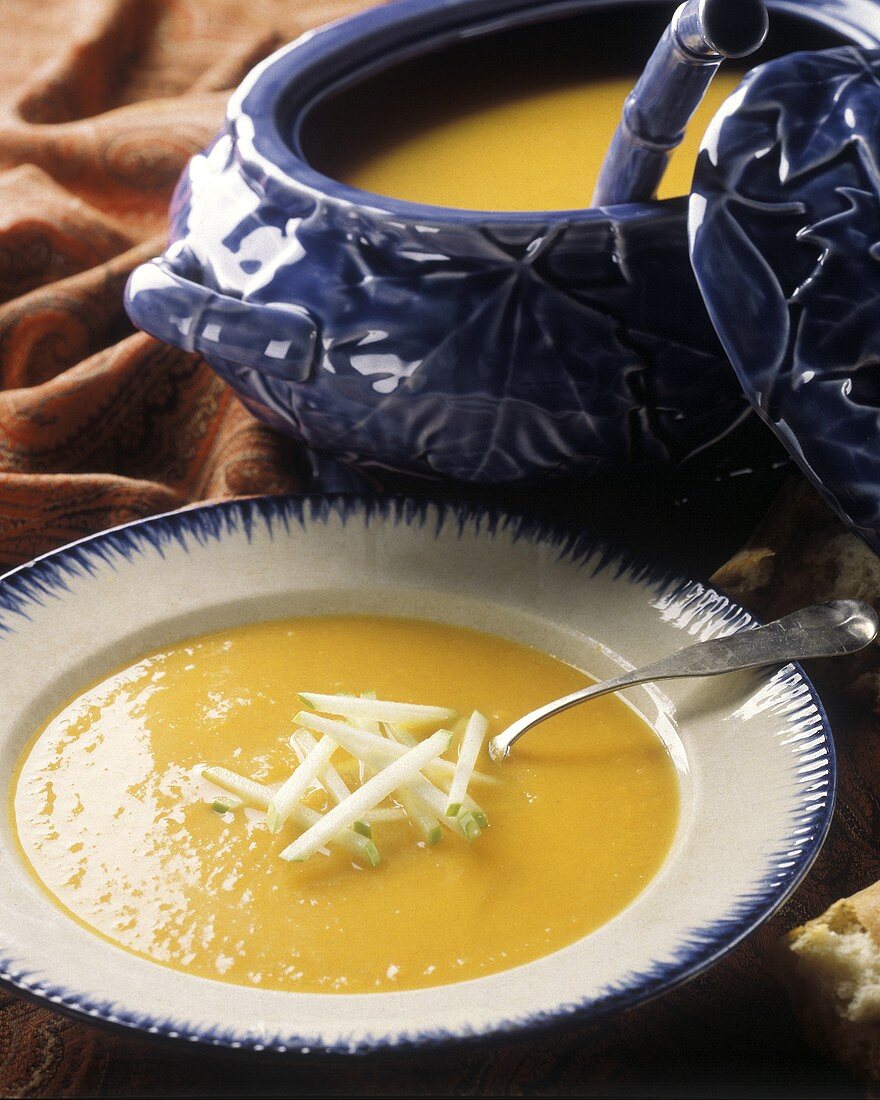 Kürbissuppe auf Teller und in Suppenterrine