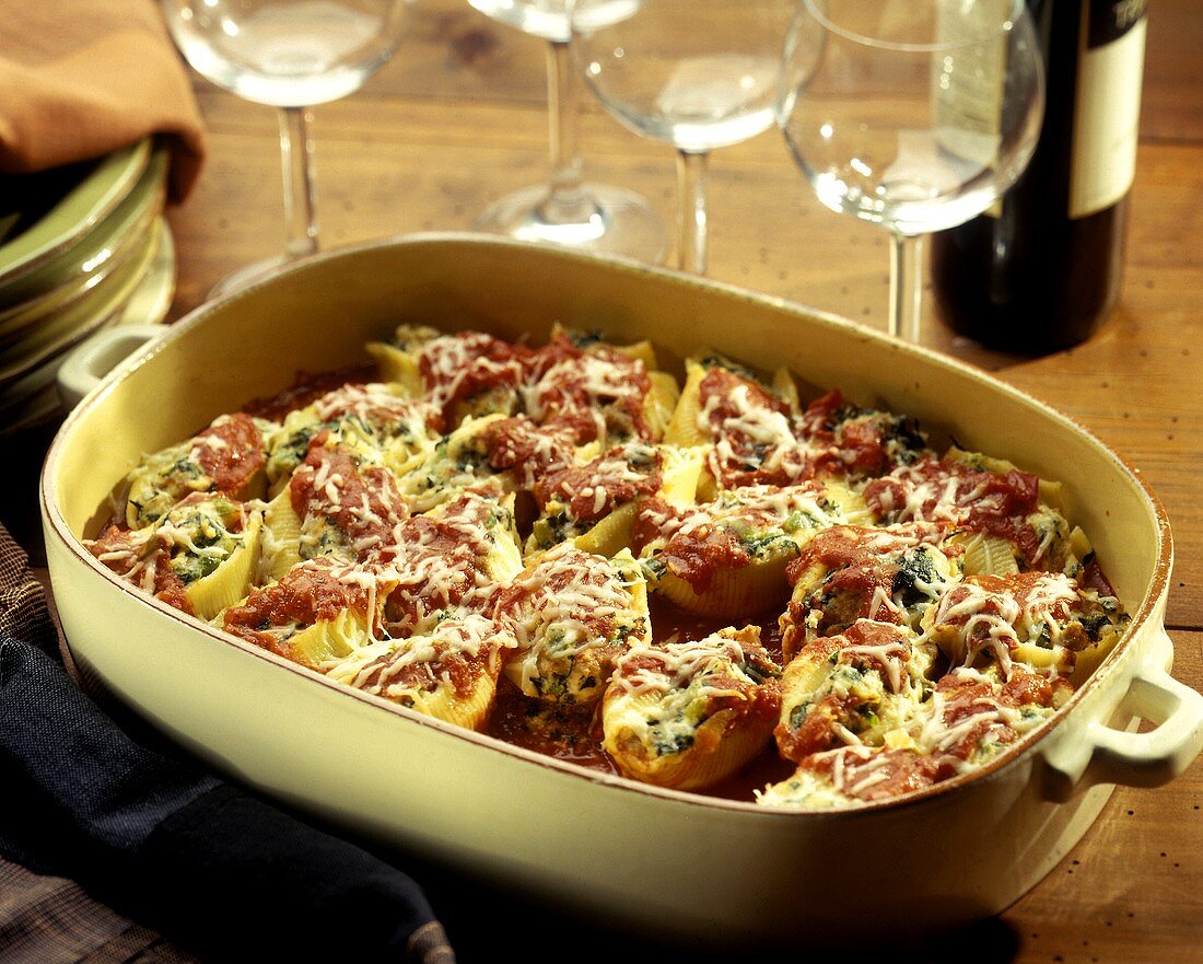 Stuffed Shells in a Baking Dish with Melted Cheese
