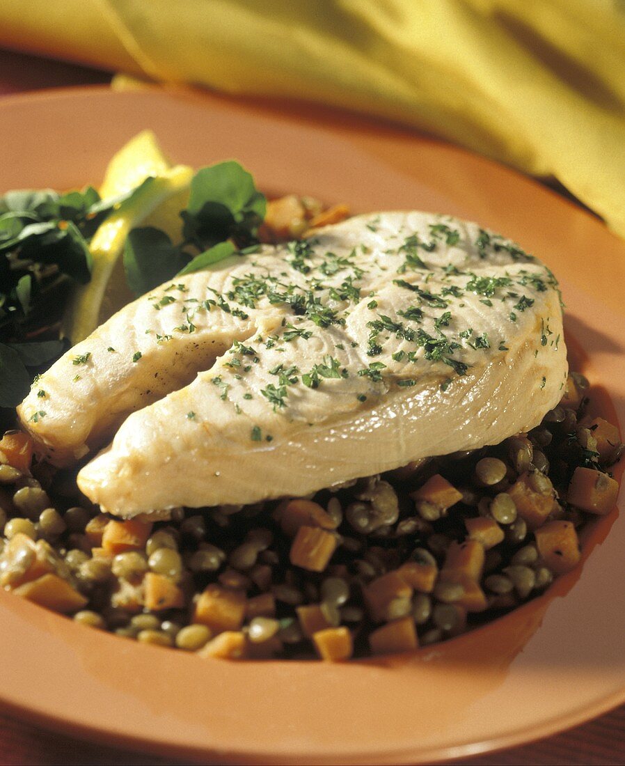 Salmon Over Lentils with Fresh Parsley