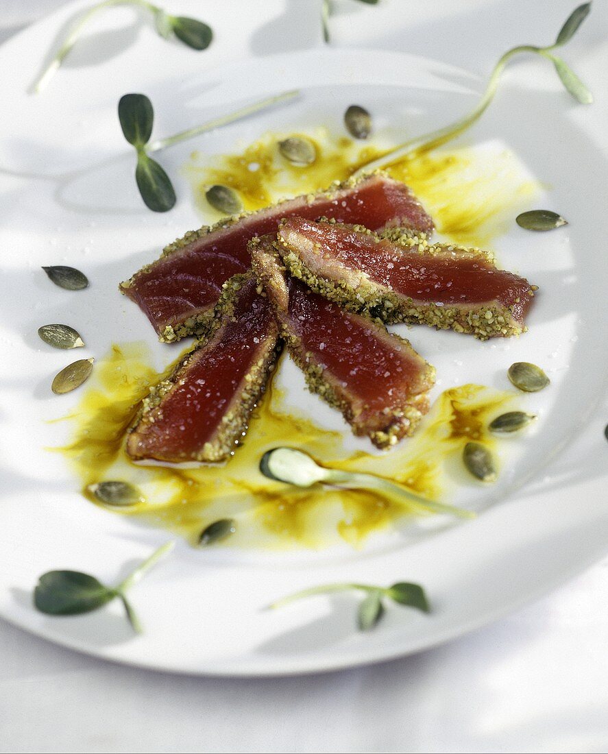 Seared Tuna with Sunflower Seeds on a Plate