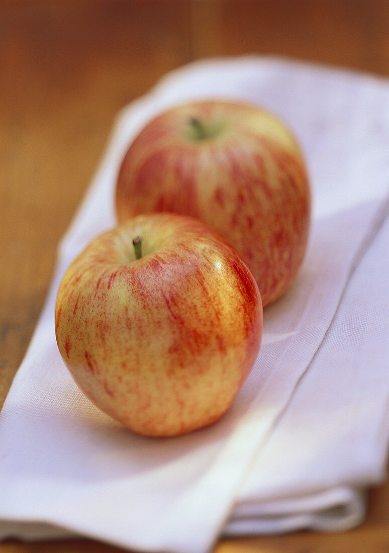 Zwei Äpfel der Sorte Gala auf weißem Tuch