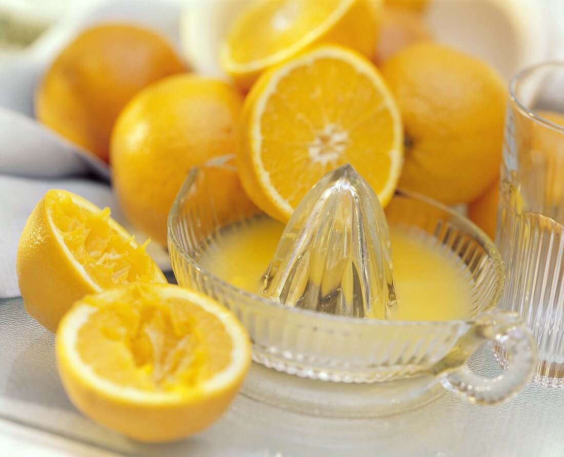 Orangen mit frisch gepresstem Orangensaft in Zitruspresse