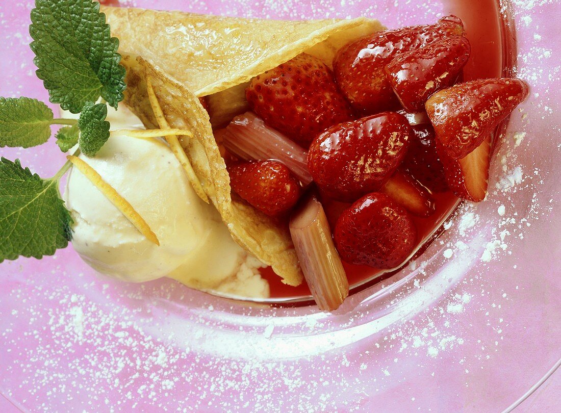 Strawberry and rhubarb crepe with vanilla ice cream