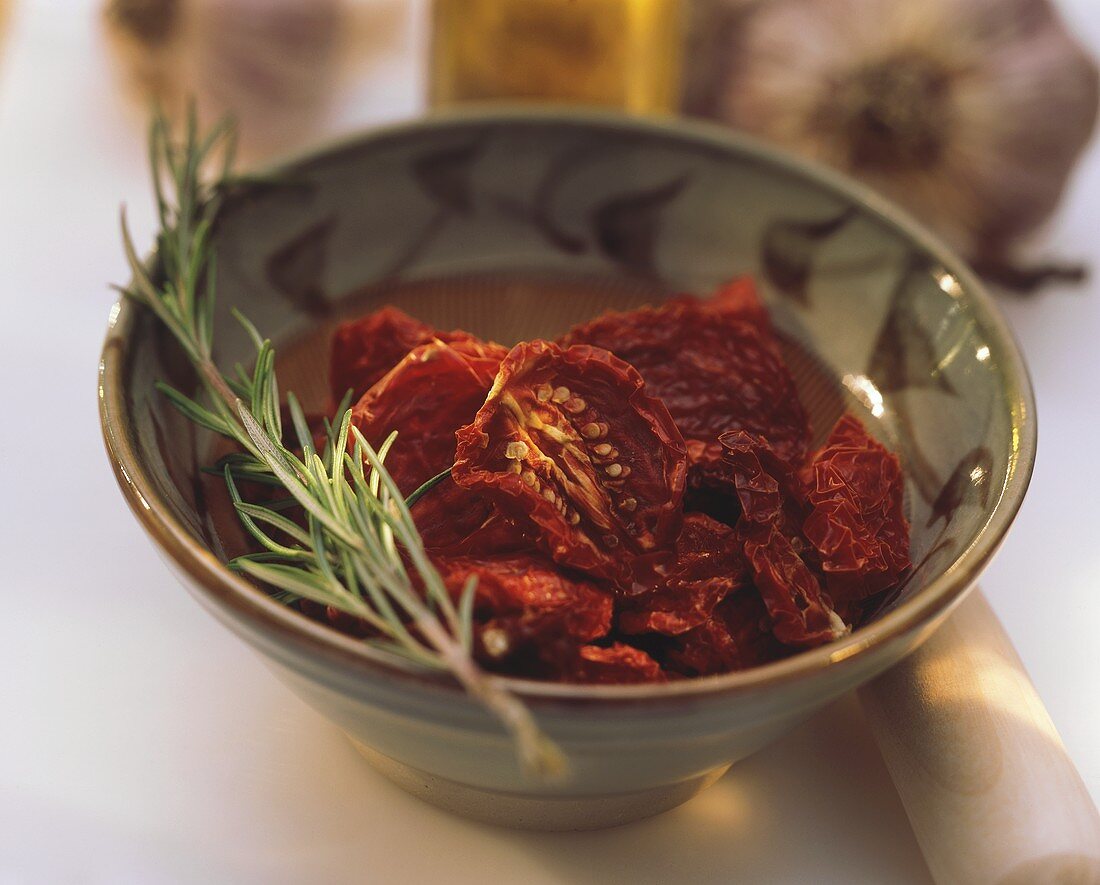 Sun Dried Tomatoes in a Bowl with Rosemary