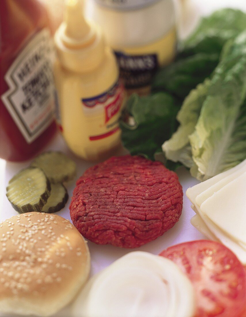 Zutaten für Burger: rohe Frikadelle, Käse, Saucen