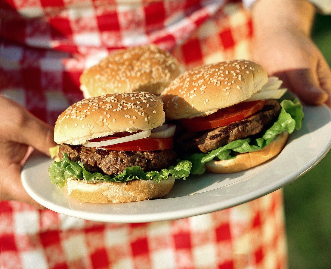 Person Holding a Plate with Three Hamburgers