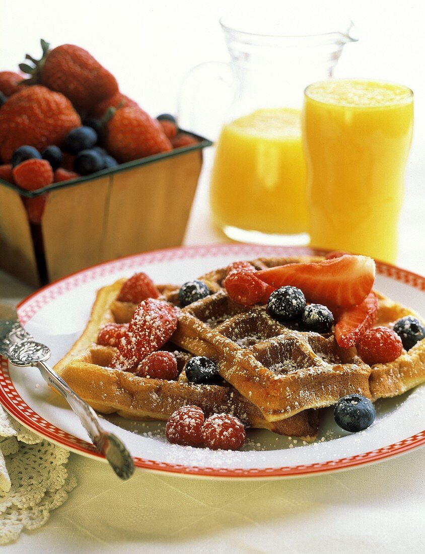 Waffles with Assorted Berries; Powdered Sugar