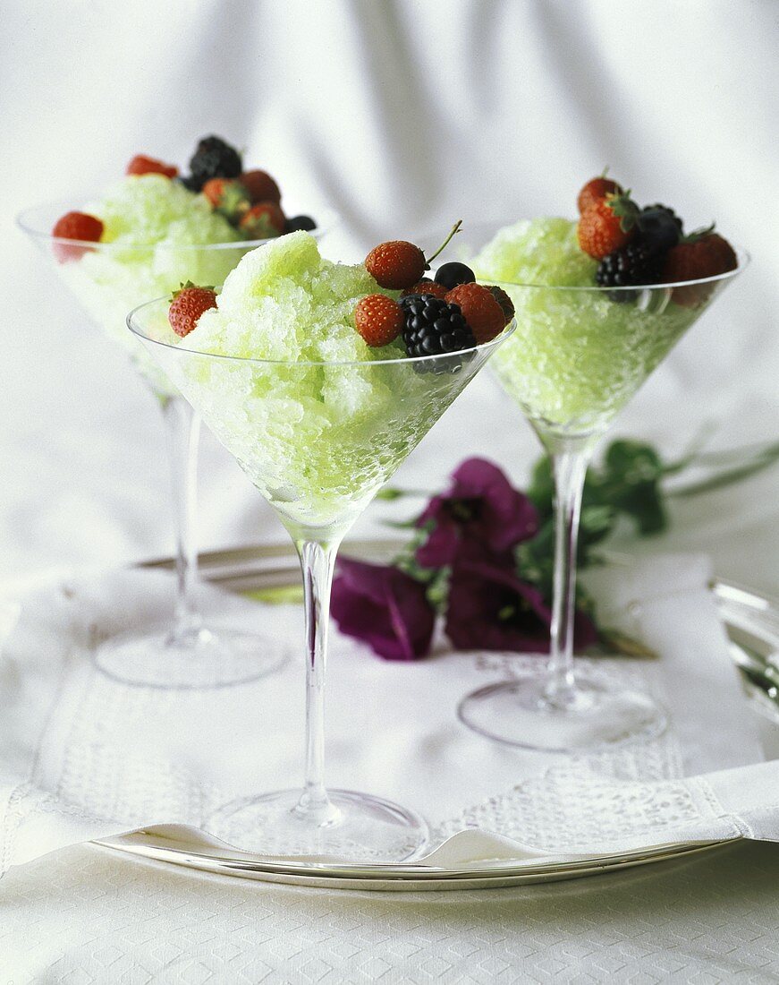 Sorbetto di melone (Honeydew melon sorbet with berries, Italy)