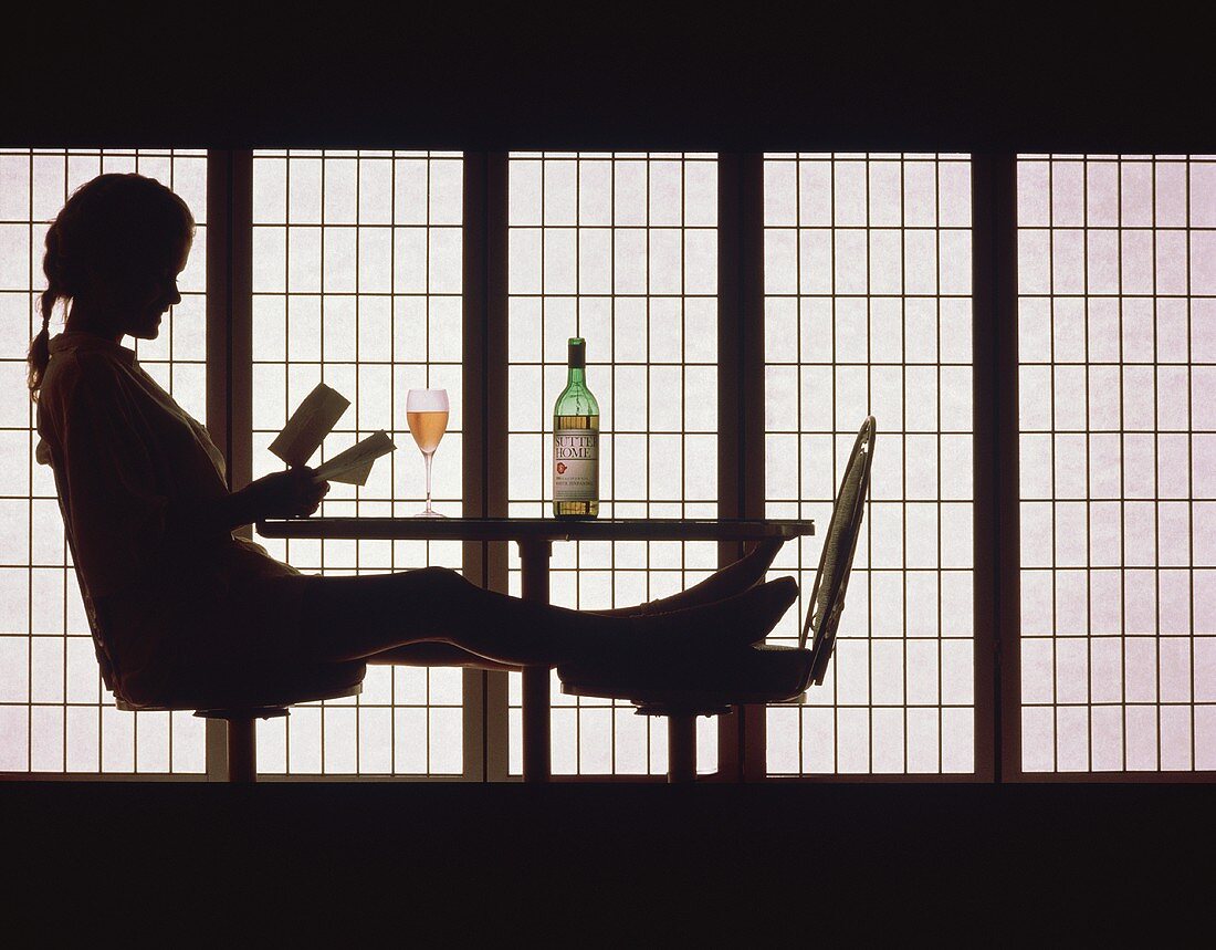 Silhouette einer lesenden Frau mit Weinglas und -flasche