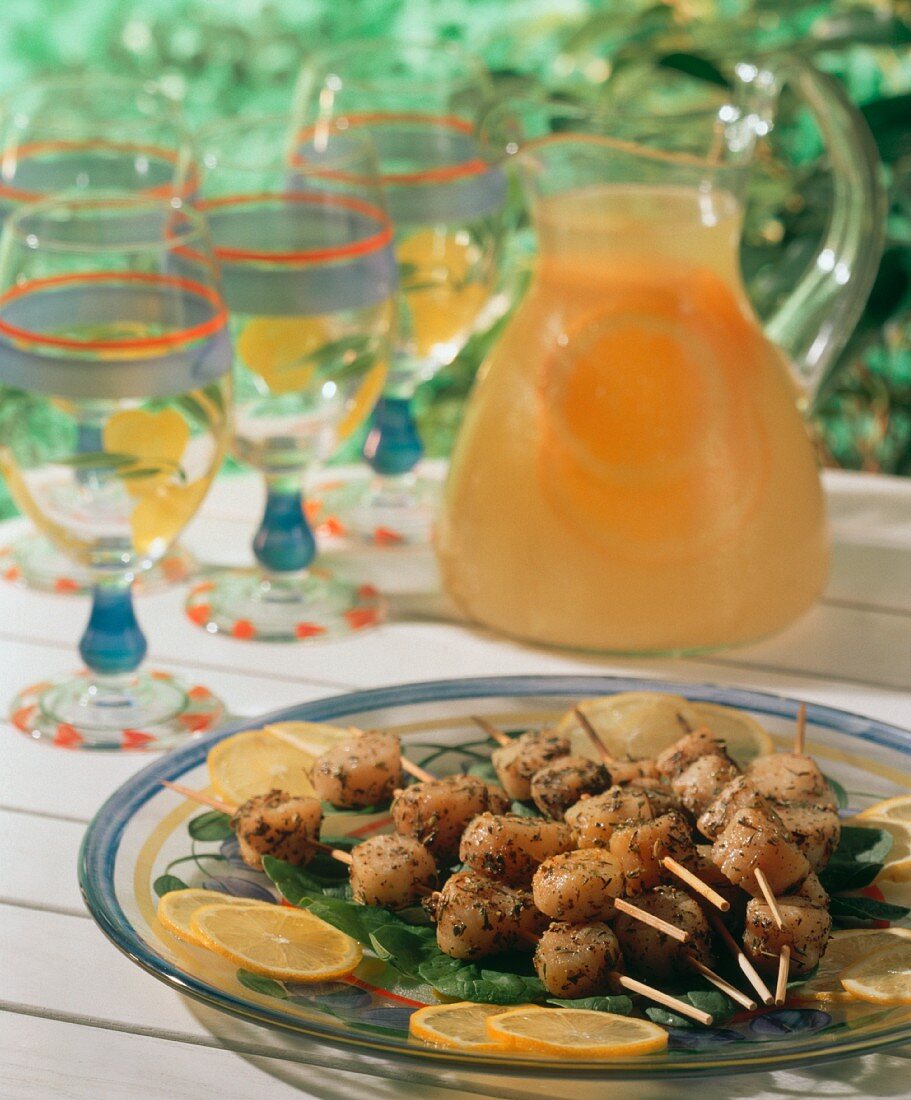 Grilled Skewered Scallops; Homemade Lemonade