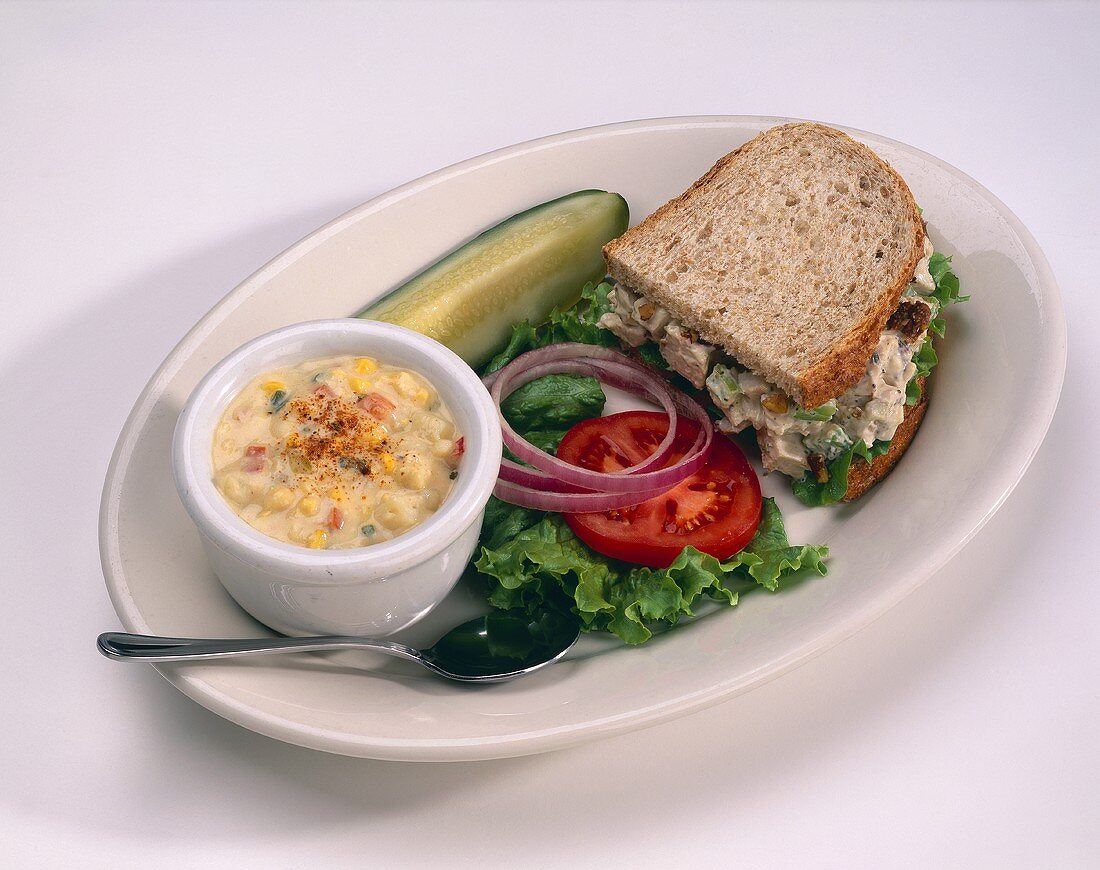 Cup of Corn Chowder; Chicken Salad Sandwich