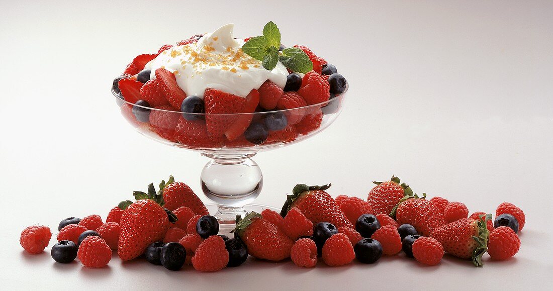 Fresh Berries in Pedestal Dish; Whipped Cream