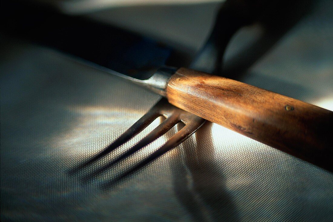 Messer & Gabel mit Holzgriffen, überkreuz gelegt