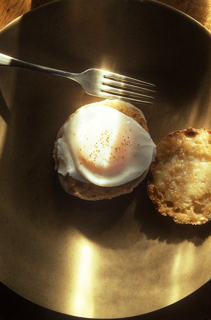 Poached Egg on an English Muffin; Fork