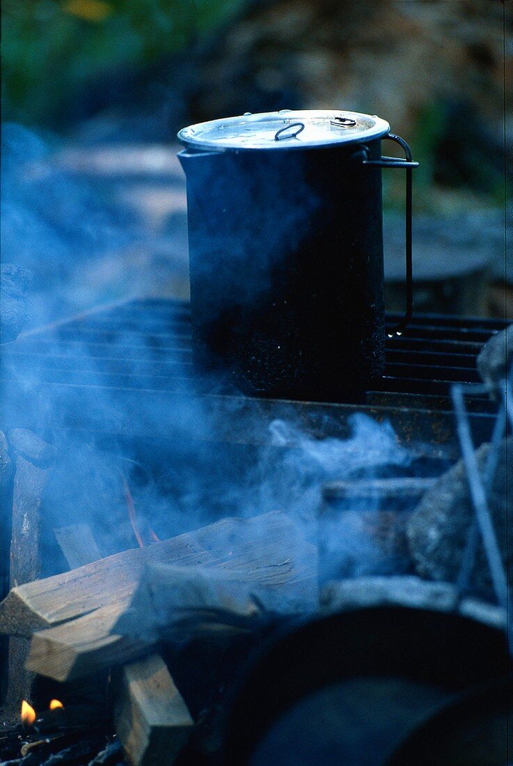 Wasserkessel auf Grillrost über rauchendem Campingfeuer