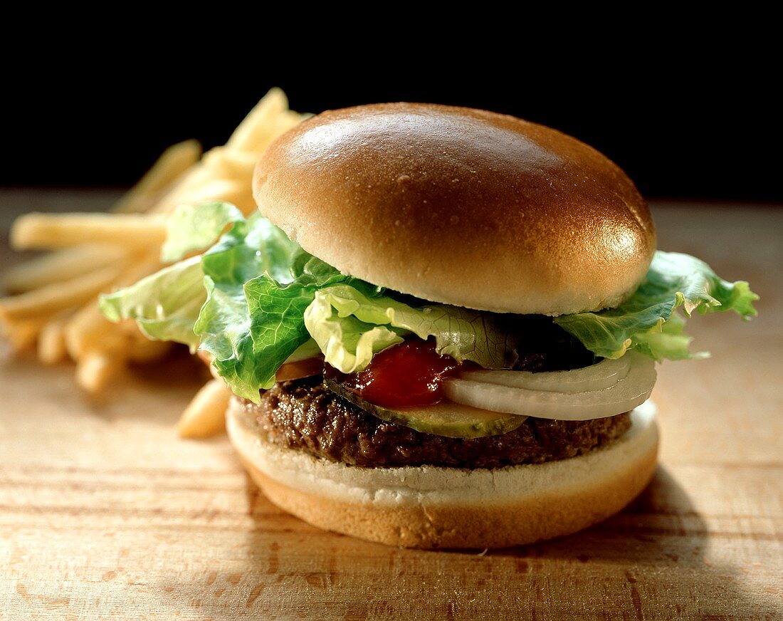 Hamburger with Lettuce and Ketchup; Fries