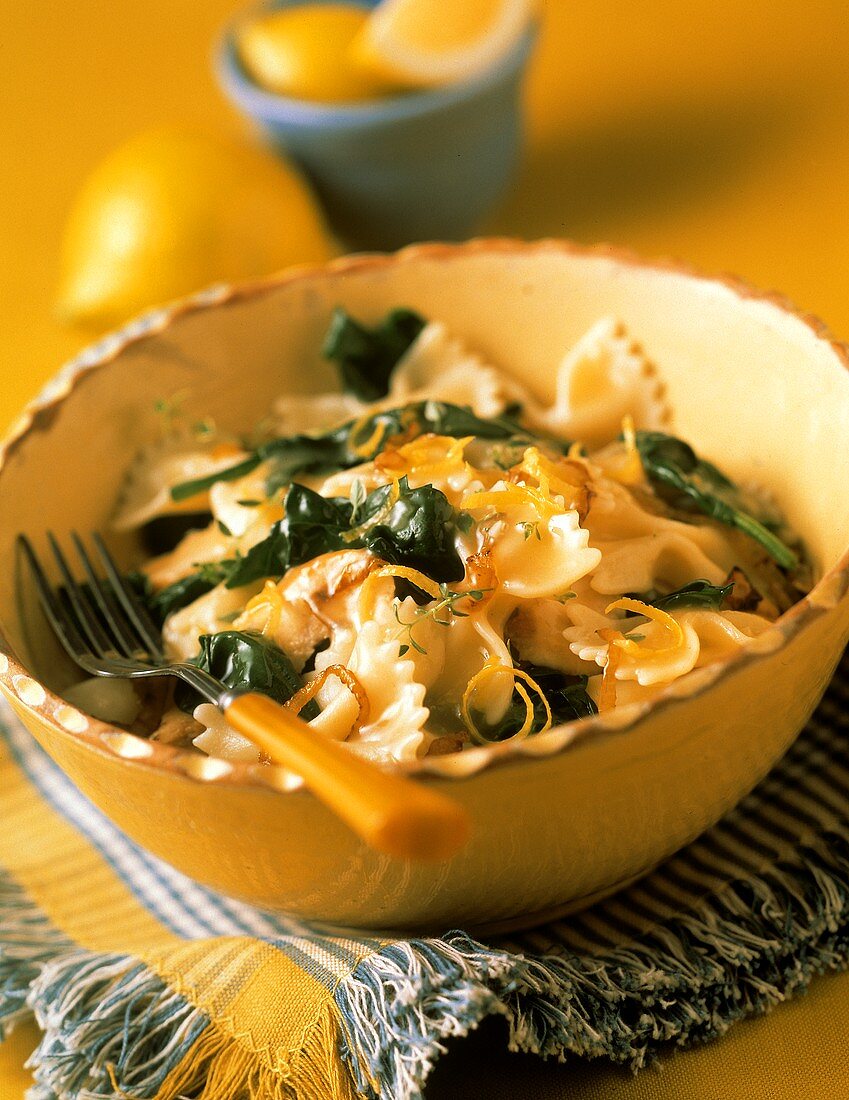 A Bowl of Farfalle with Spinach and Lemon Peel