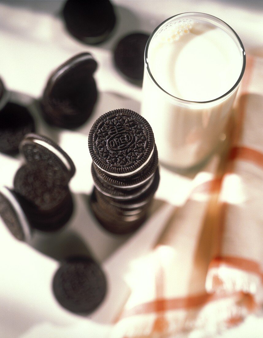 Oreo Cookies with a Glass of Milk