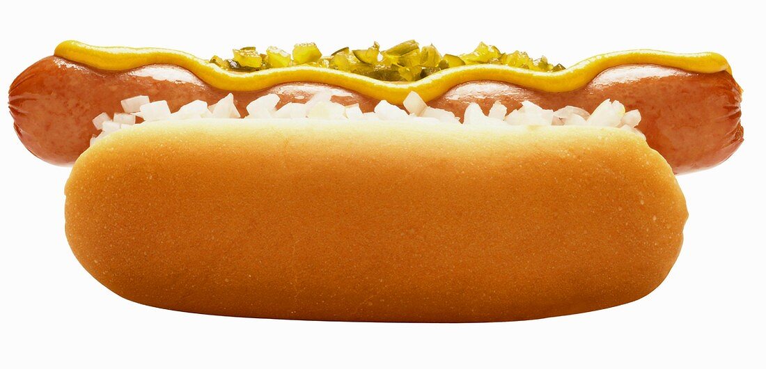 A Hot Dog in a Bun with Mustard and Onion; Relish