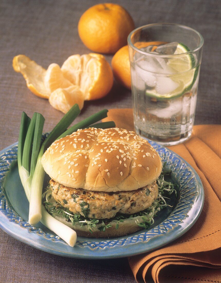 Chicken Burger with Sprouts on a Sesame Seed Bun