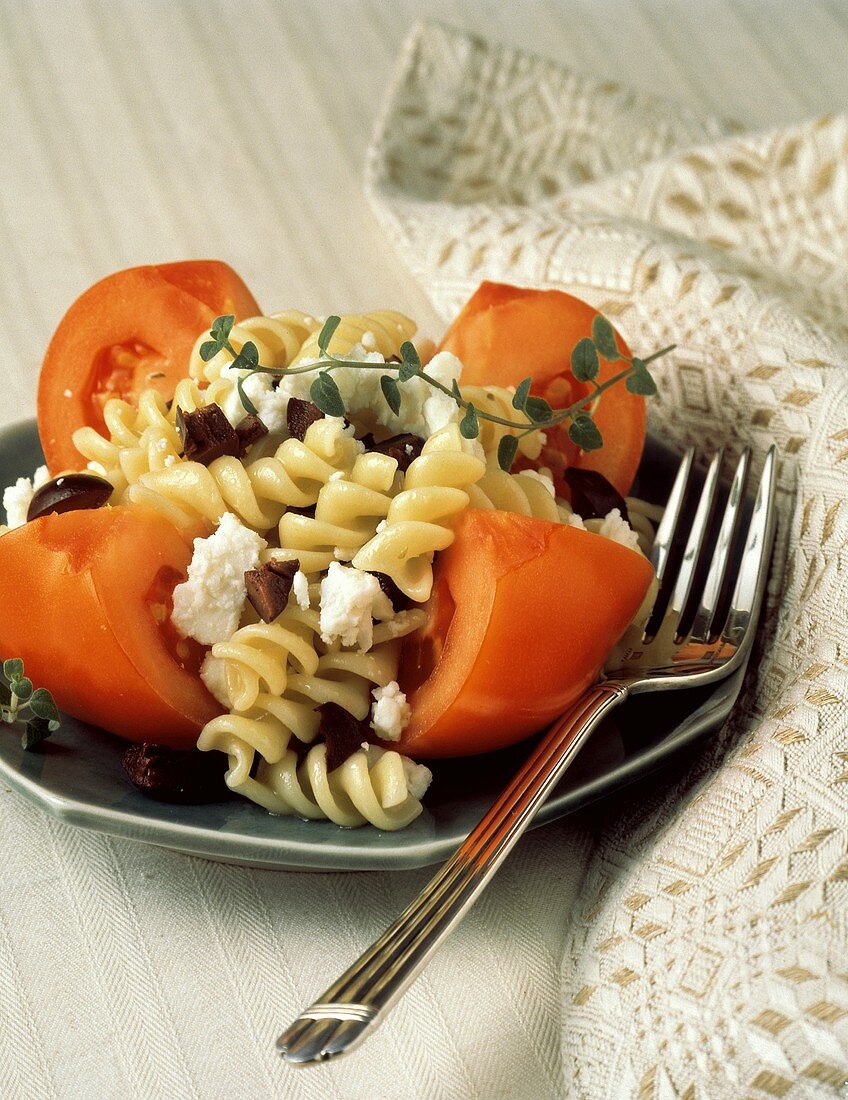 Pasta Salad with Feta and Olives on Tomato Wedgees
