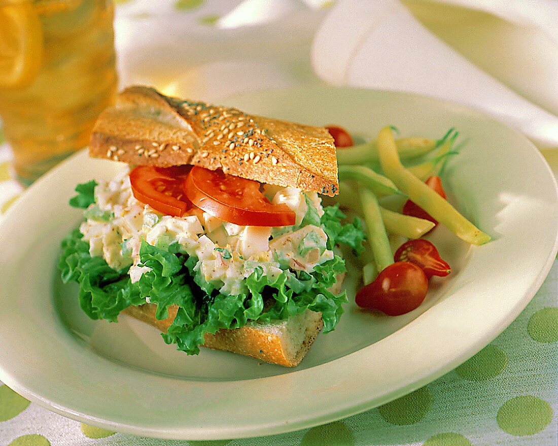 Egg Salad Sandwich with Lettuce and Tomato; Wax Beans