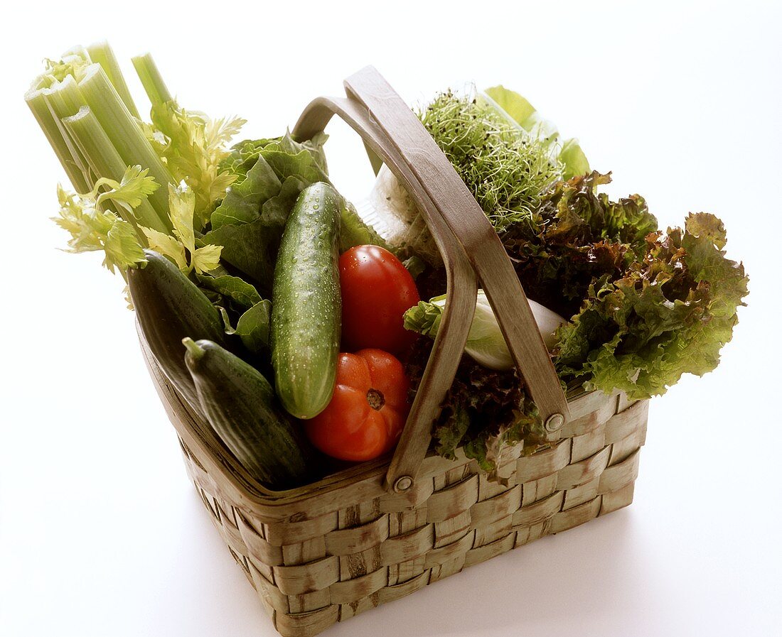 Frisches Gemüse, Salat und Sprossen in einem Korb