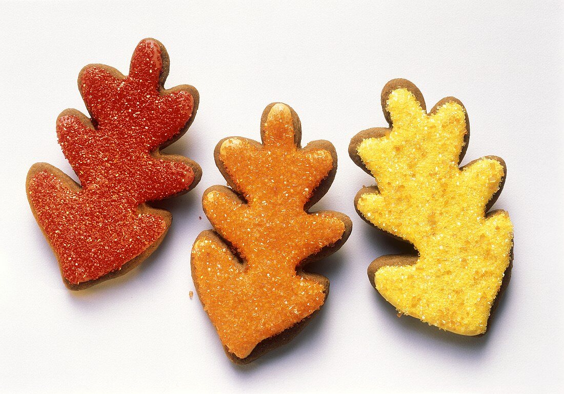 Three Colorful Thanksgiving Cookies in the Shape of Leaves