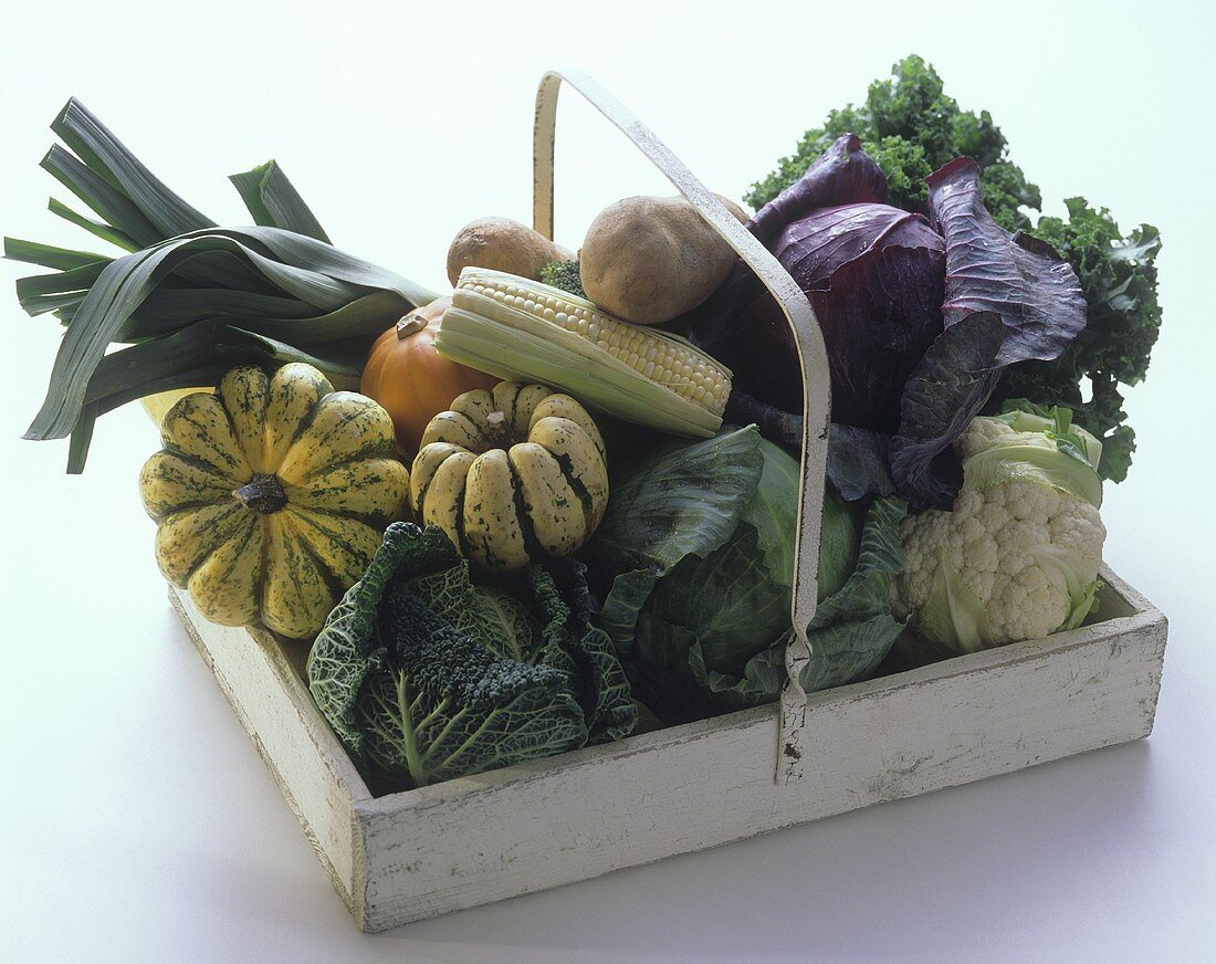 Many Vegetables in a Handled Wooden Box