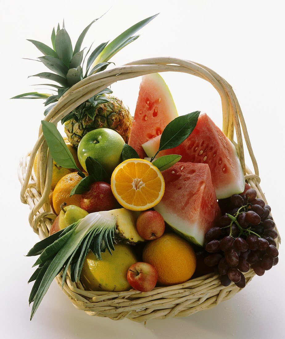 Still Life of Many Assorted Fruit in a Basket