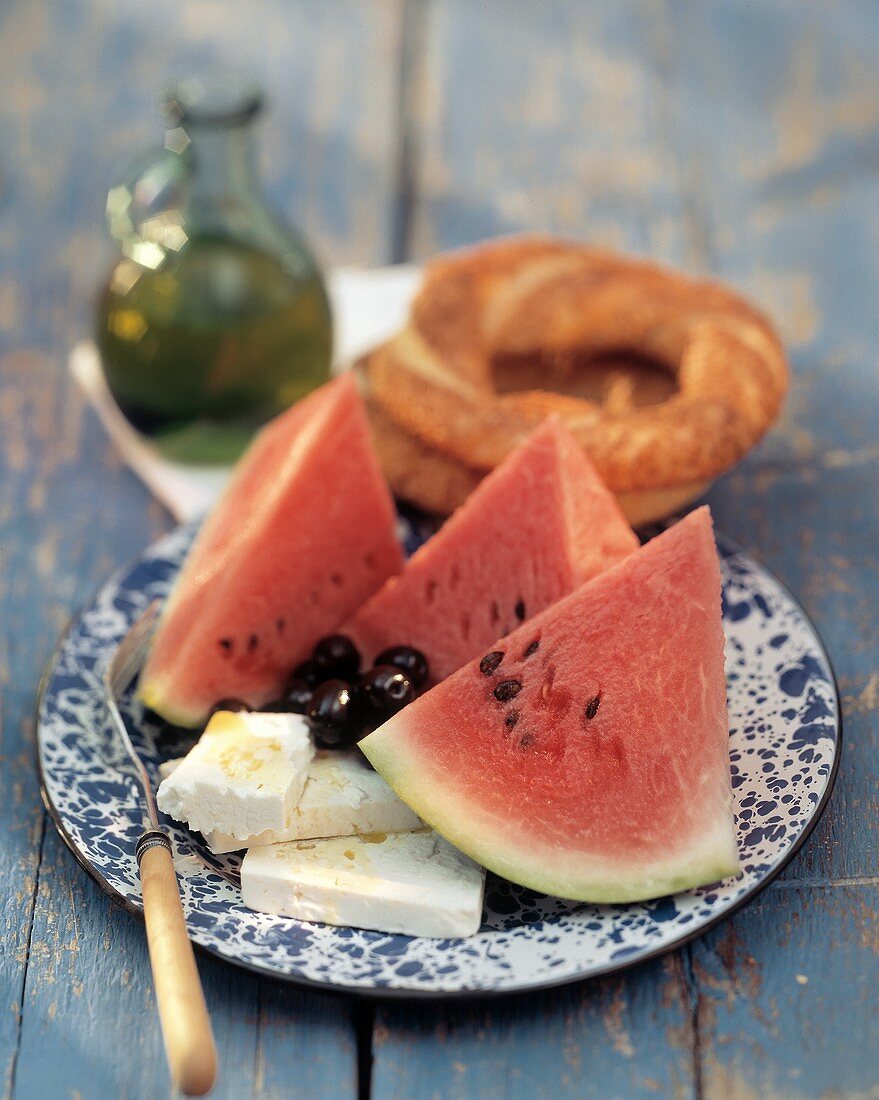 Fresh Watermelon with Feta Cheese and Olives