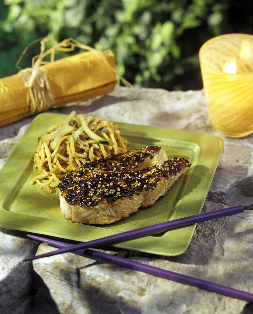 Sesame Blackened Salmon Steak with Asian Noodles