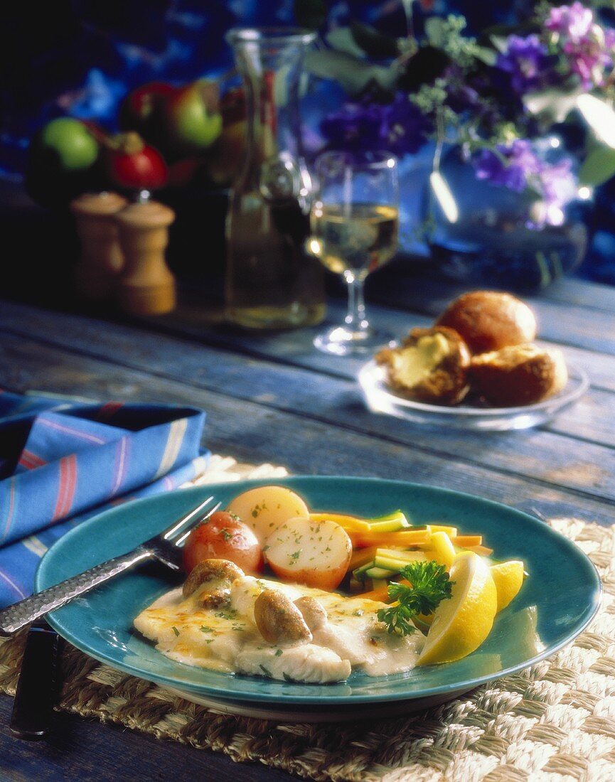 Halibut Fillet with Cheese and Mushrooms; Potatoes