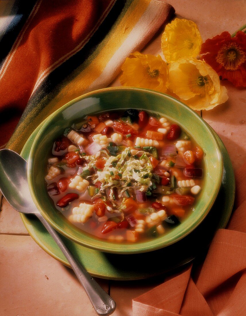 Gemüsesuppe mit Nudeln in grünem Suppenteller