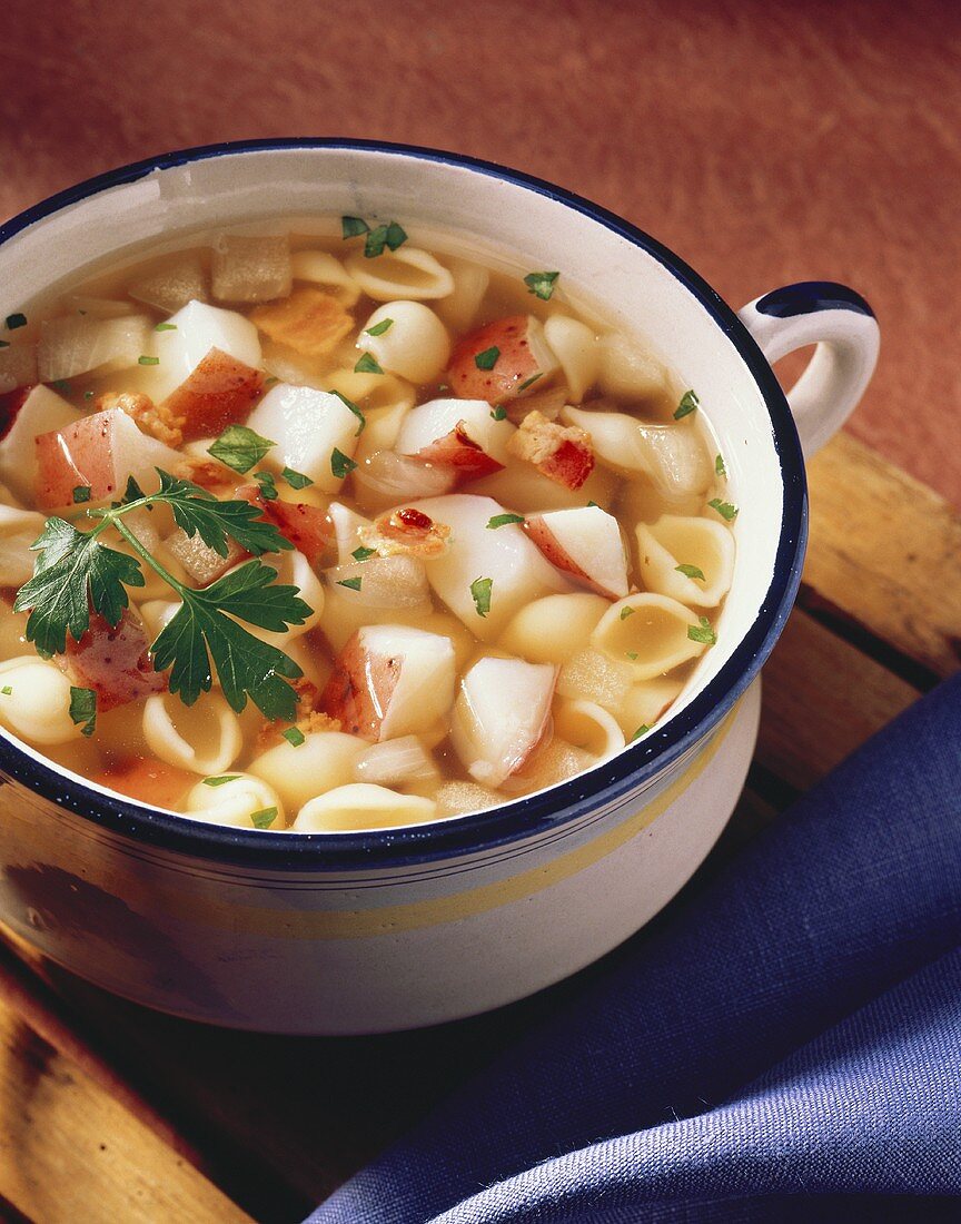 Nudelsuppe mit Kartoffeln im Suppentopf